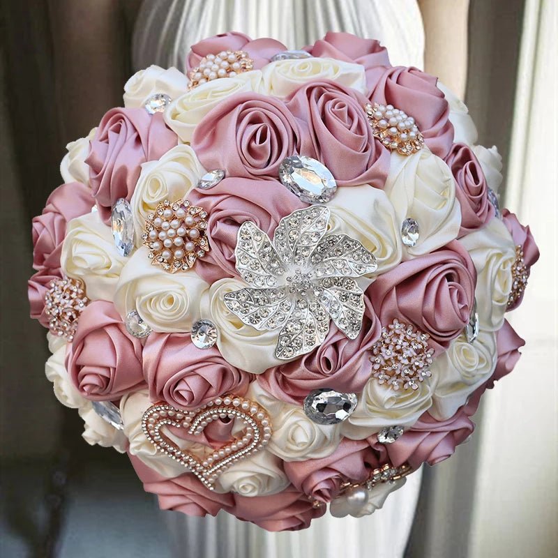 Satin Rose Bouquet with Pearl and Diamond Accents in Navy Tones - Luzilly Bridal & Apparel