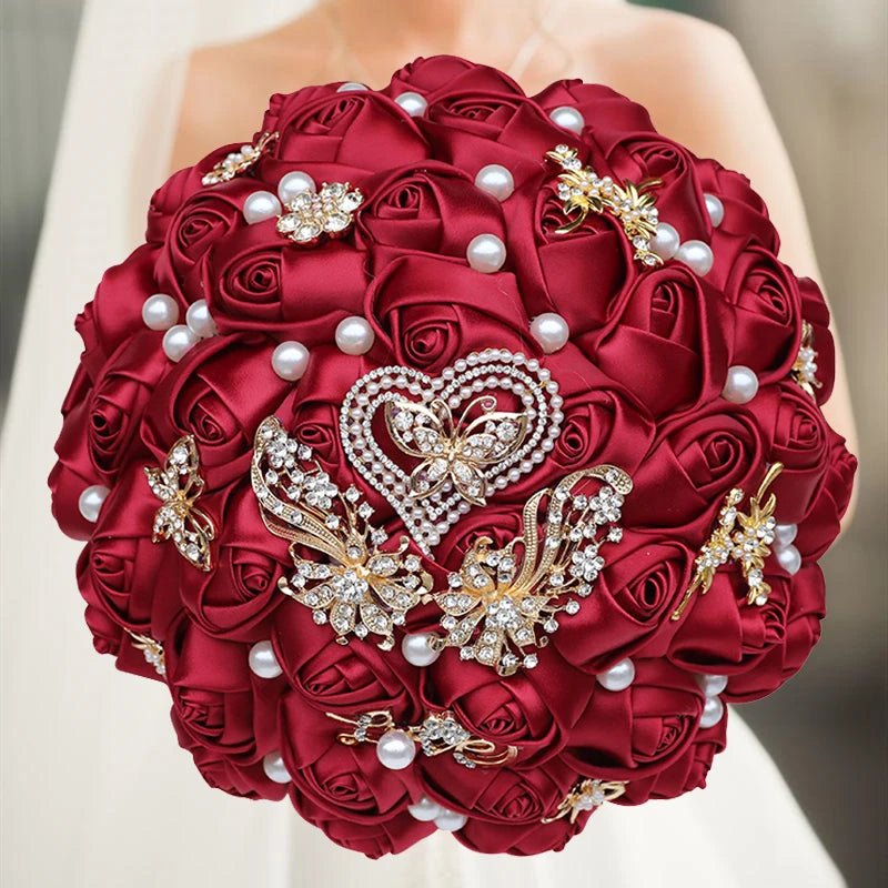Satin Rose Bouquet with Pearl and Diamond Accents in Navy Tones - Luzilly Bridal & Apparel