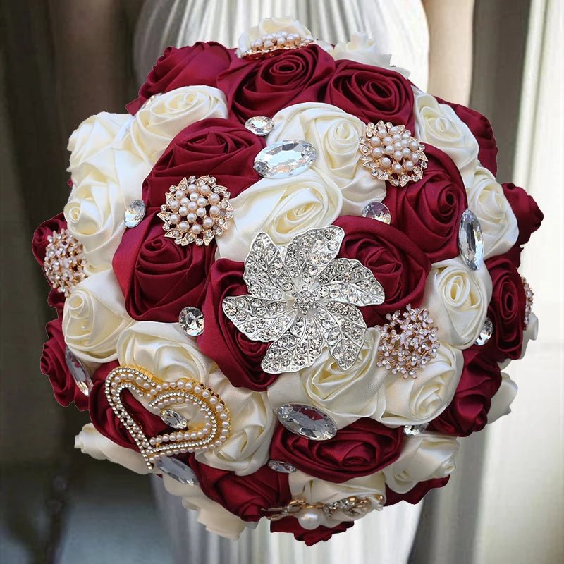 Satin Rose Bouquet with Pearl and Diamond Accents in Navy Tones - Luzilly Bridal & Apparel