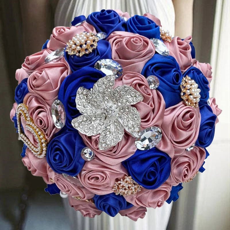 Satin Rose Bouquet with Pearl and Diamond Accents in Navy Tones - Luzilly Bridal & Apparel