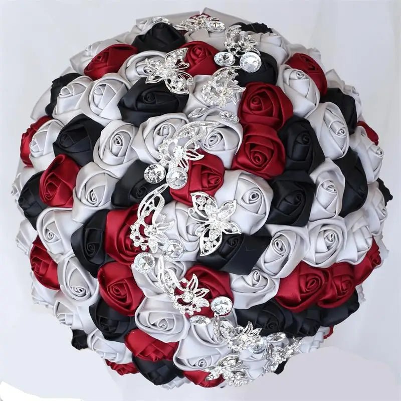 Satin Rose Bouquet with Pearl and Diamond Accents in Navy Tones - Luzilly Bridal & Apparel