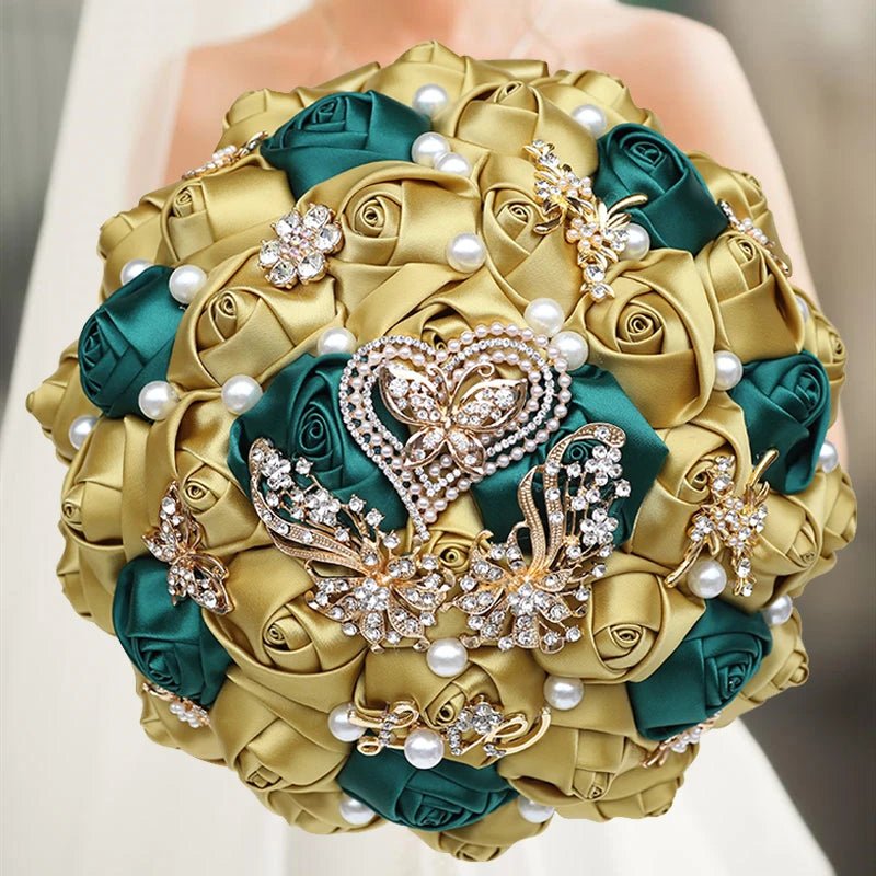 Satin Rose Bouquet with Pearl and Diamond Accents in Navy Tones - Luzilly Bridal & Apparel