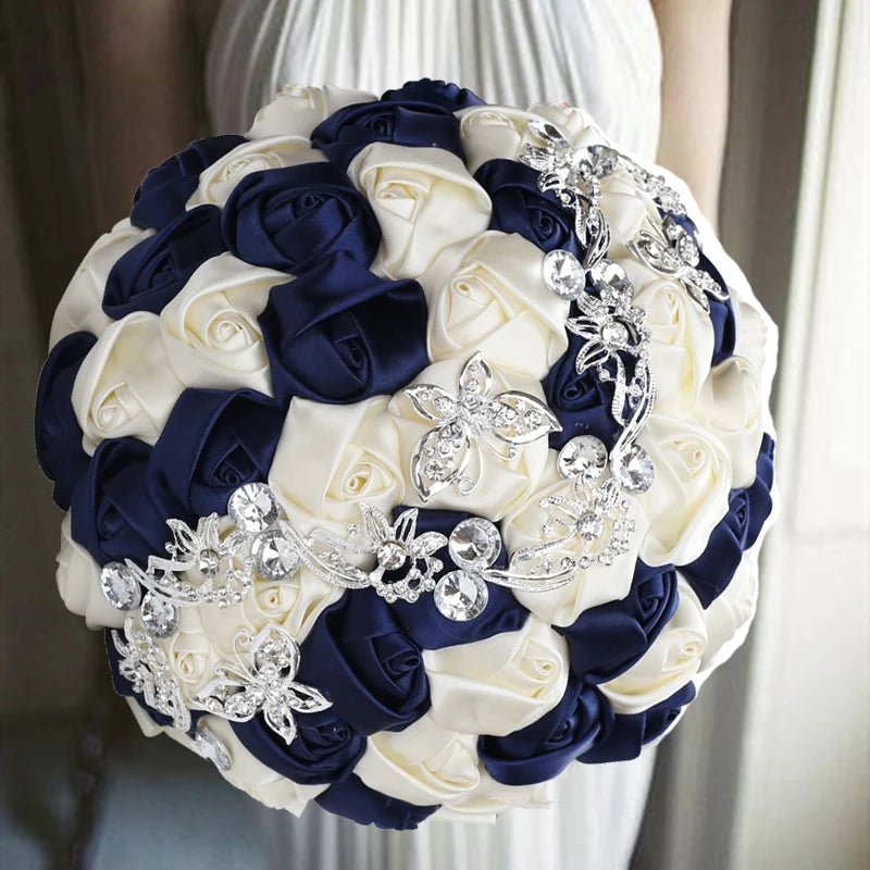 Satin Rose Bouquet with Pearl and Diamond Accents in Navy Tones - Luzilly Bridal & Apparel