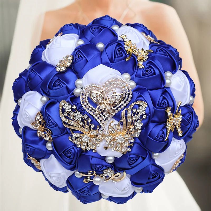 Satin Rose Bouquet with Pearl and Diamond Accents in Navy Tones - Luzilly Bridal & Apparel