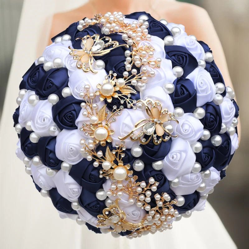 Satin Rose Bouquet with Pearl and Diamond Accents in Navy Tones - Luzilly Bridal & Apparel