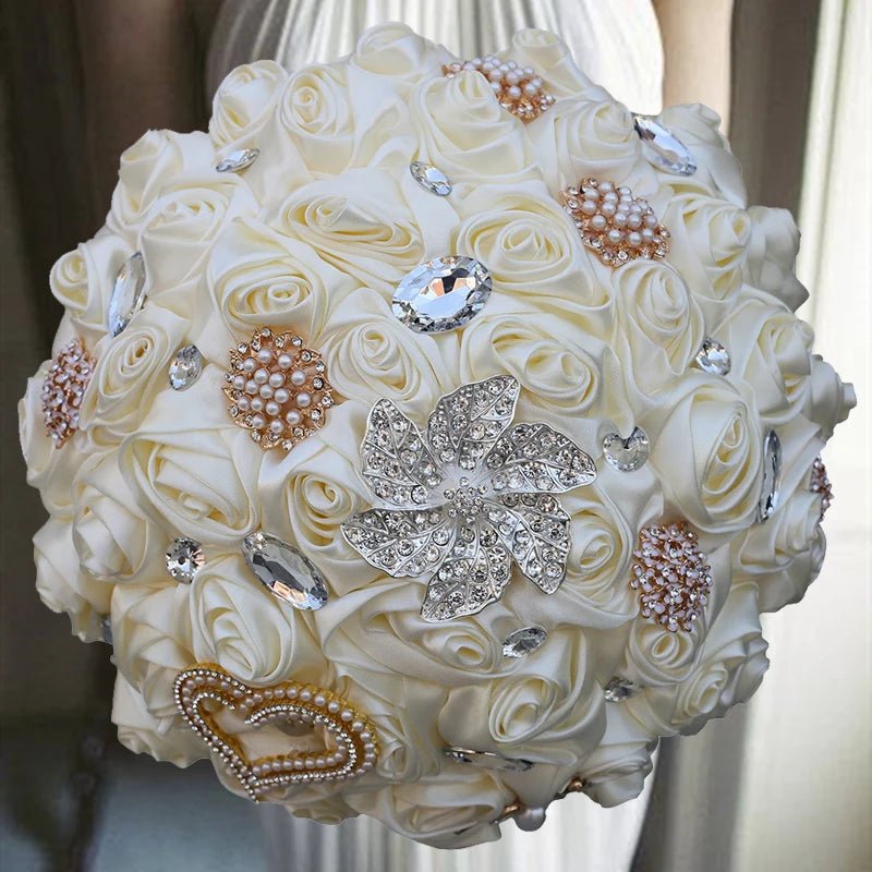 Satin Rose Bouquet with Pearl and Diamond Accents in Navy Tones - Luzilly Bridal & Apparel
