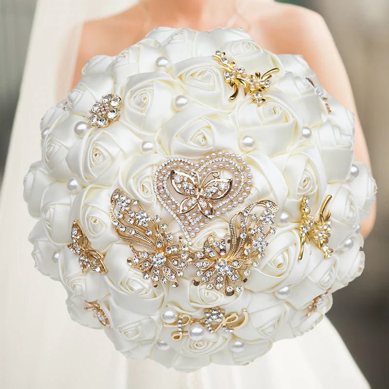Satin Rose Bouquet with Pearl and Diamond Accents in Navy Tones - Luzilly Bridal & Apparel