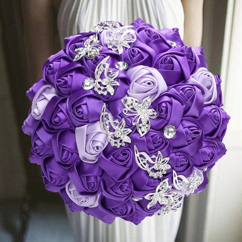 Satin Rose Bouquet with Pearl and Diamond Accents in Navy Tones - Luzilly Bridal & Apparel
