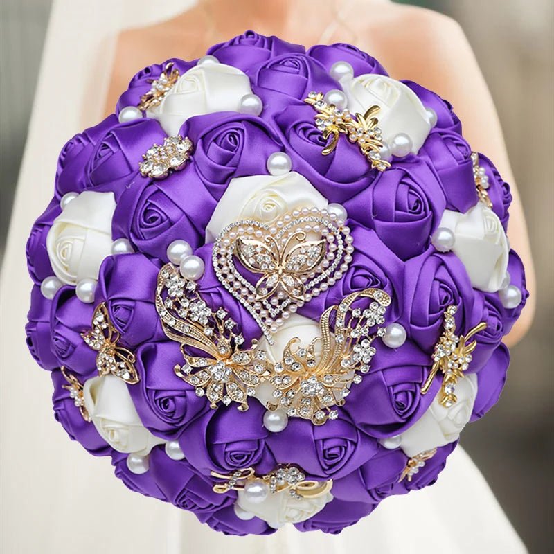 Satin Rose Bouquet with Pearl and Diamond Accents in Navy Tones - Luzilly Bridal & Apparel