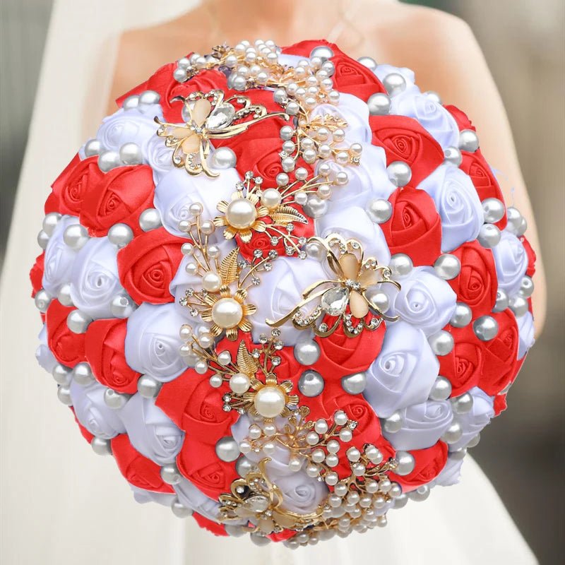 Satin Rose Bouquet with Pearl and Diamond Accents in Navy Tones - Luzilly Bridal & Apparel