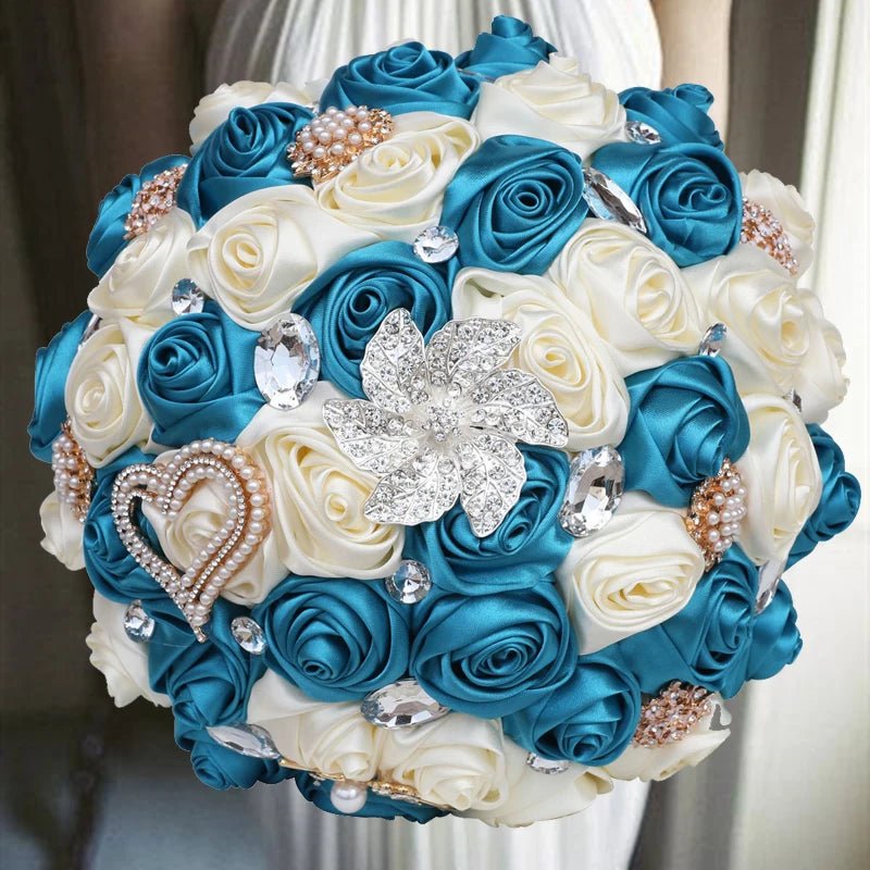 Satin Rose Bouquet with Pearl and Diamond Accents in Navy Tones - Luzilly Bridal & Apparel