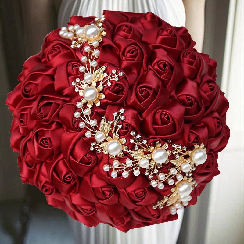 Satin Rose Bouquet with Pearl and Diamond Accents in Navy Tones - Luzilly Bridal & Apparel