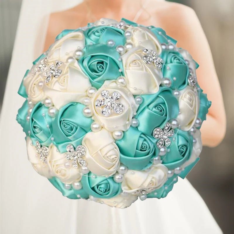 Satin Rose Bouquet with Pearl and Diamond Accents in Red and Gold Tones - Luzilly Bridal & Apparel