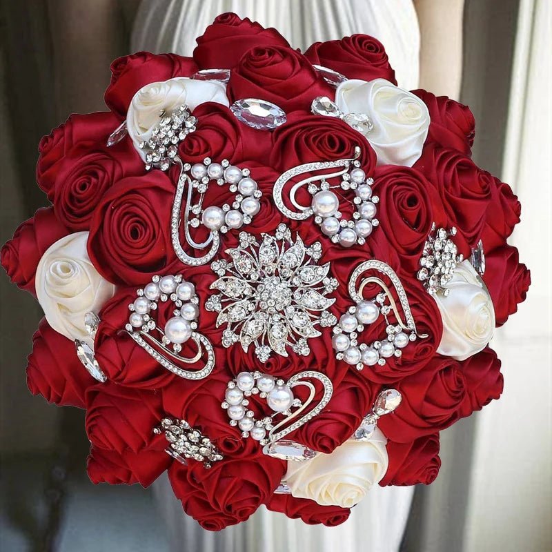 Satin Rose Bouquet with Pearl and Diamond Accents in Red and Gold Tones - Luzilly Bridal & Apparel