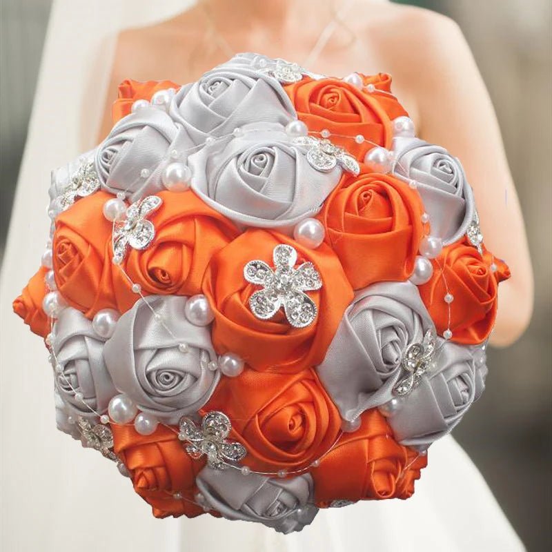 Satin Rose Bouquet with Pearl and Diamond Accents in Red and Gold Tones - Luzilly Bridal & Apparel
