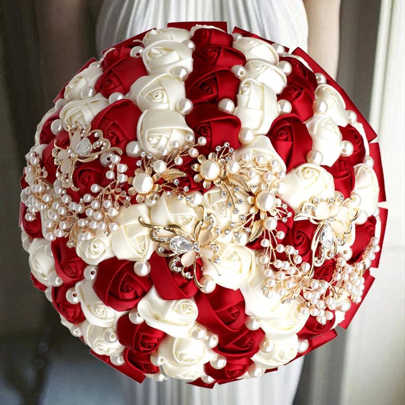 Satin Rose Bouquet with Pearl and Diamond Accents in Red and Gold Tones - Luzilly Bridal & Apparel