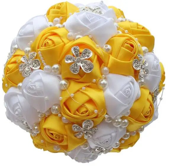 Satin Rose Bouquet with Pearl and Diamond Accents in Red and Gold Tones - Luzilly Bridal & Apparel
