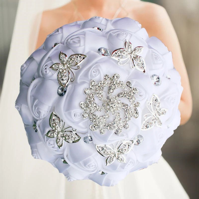 Satin Rose Bouquet with Pearl and Diamond Accents in Red and Gold Tones - Luzilly Bridal & Apparel