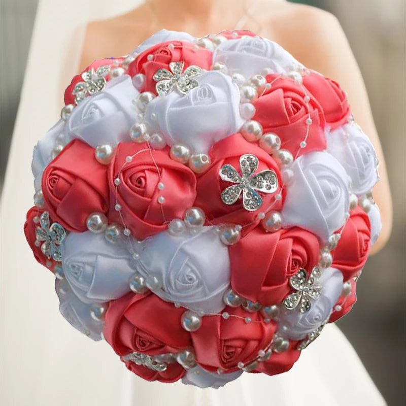 Satin Rose Bouquet with Pearl and Diamond Accents in Red and Gold Tones - Luzilly Bridal & Apparel