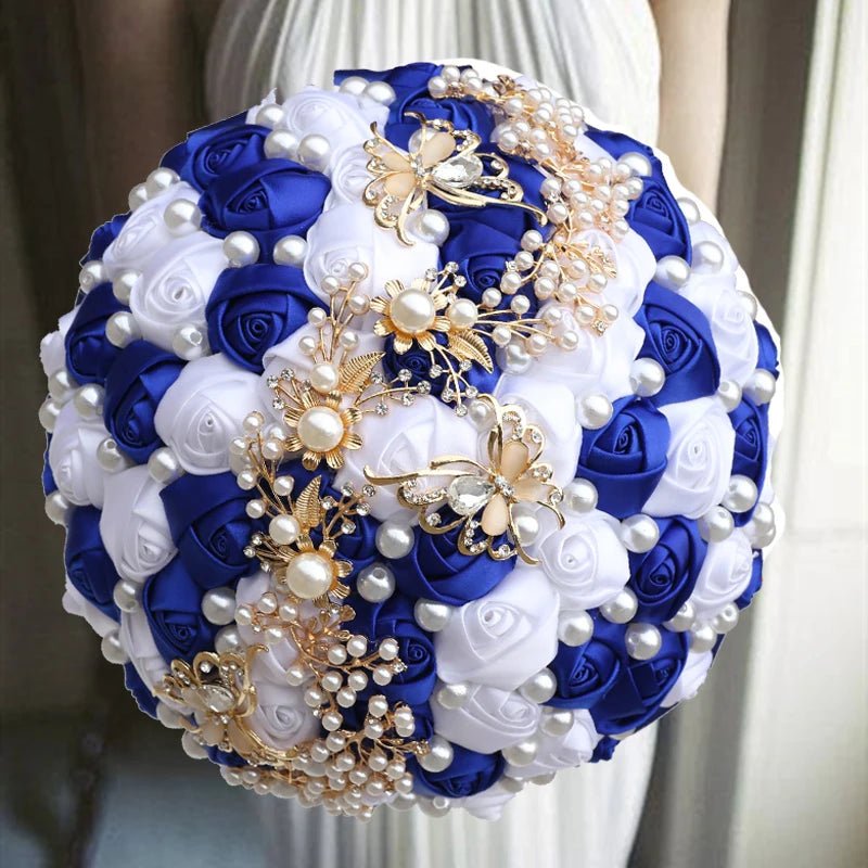 Satin Rose Bouquet with Pearl and Diamond Accents in Red and Gold Tones - Luzilly Bridal & Apparel