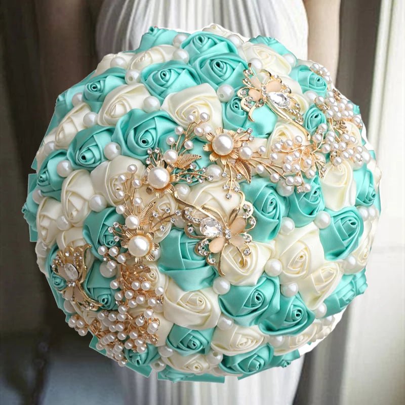 Satin Rose Bouquet with Pearl and Diamond Accents in Red and Gold Tones - Luzilly Bridal & Apparel