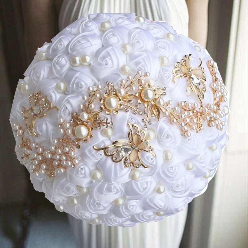 Satin Rose Bouquet with Pearl and Diamond Accents in Red and Gold Tones - Luzilly Bridal & Apparel