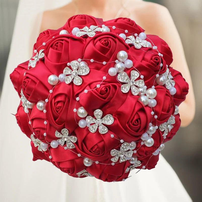 Satin Rose Bouquet with Pearl and Diamond Accents in Red and Gold Tones - Luzilly Bridal & Apparel