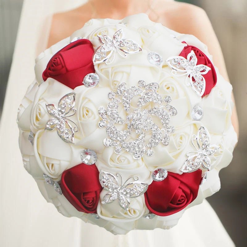 Satin Rose Bouquet with Pearl and Diamond Accents in Red and Gold Tones - Luzilly Bridal & Apparel