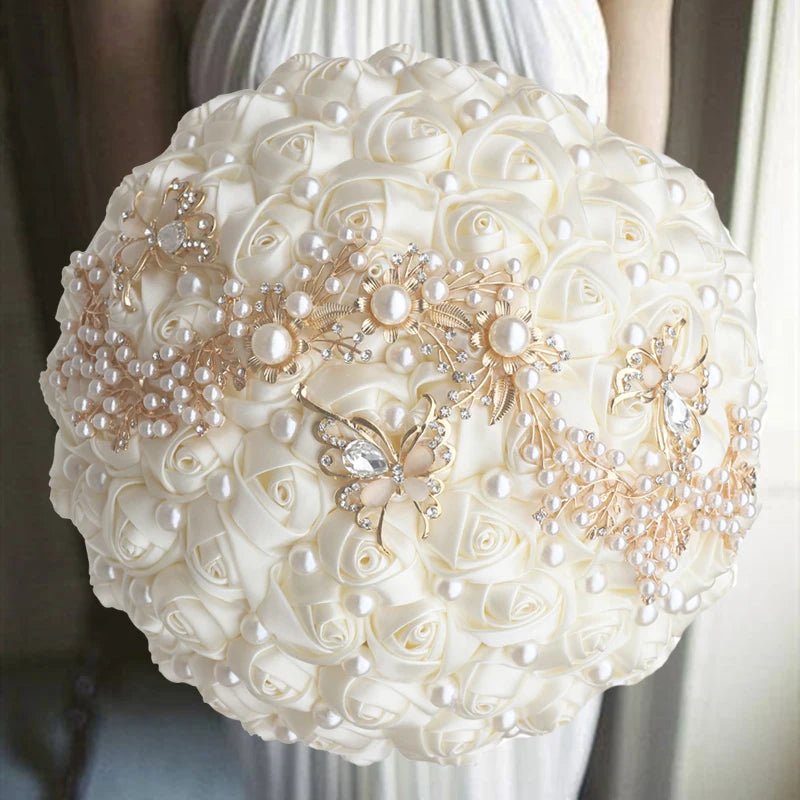 Satin Rose Bouquet with Pearl and Diamond Accents in Red and Gold Tones - Luzilly Bridal & Apparel