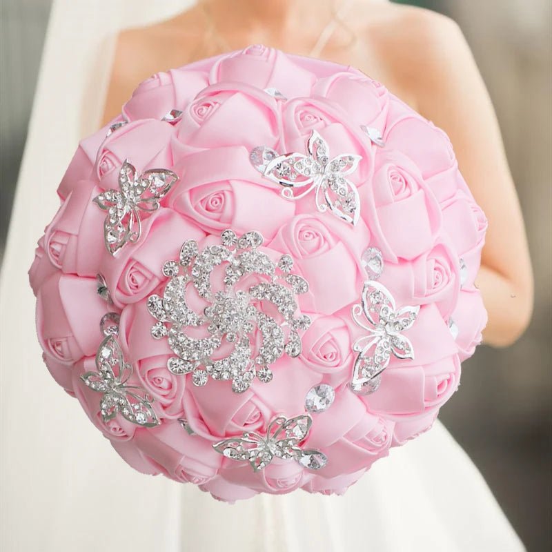 Satin Rose Bouquet with Pearl and Diamond Accents in Red and Gold Tones - Luzilly Bridal & Apparel