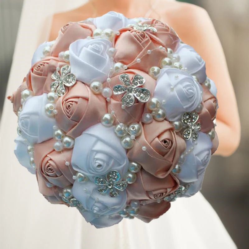 Satin Rose Bouquet with Pearl and Diamond Accents in Red and Gold Tones - Luzilly Bridal & Apparel