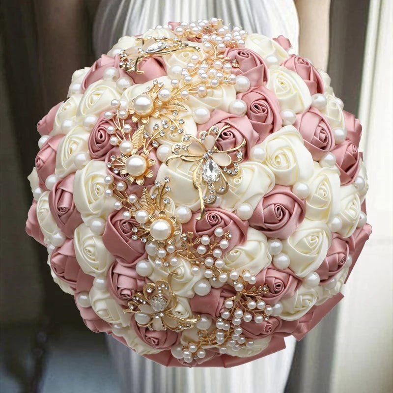 Satin Rose Bouquet with Pearl and Diamond Accents in Red and Gold Tones - Luzilly Bridal & Apparel