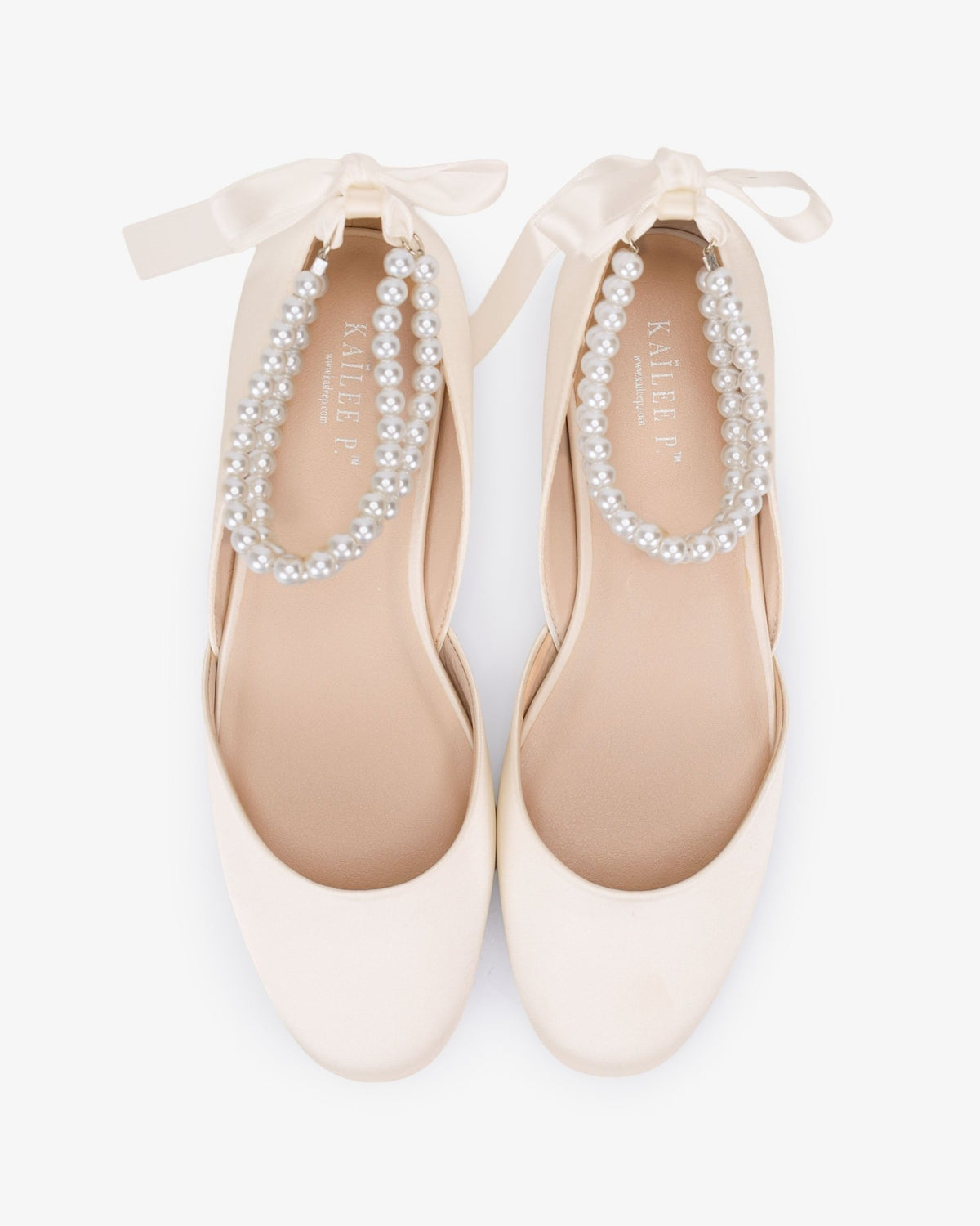 Satin Round Toe Wedding Flat with Double Pearls Ankle Strap - Luzilly Bridal & Apparel