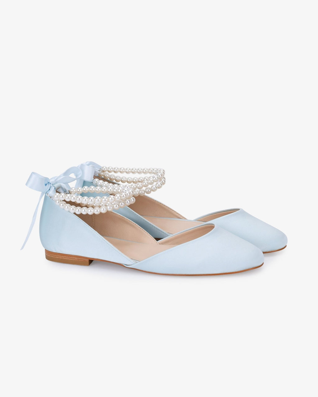 Satin Round Toe Wedding Flat with Double Pearls Ankle Strap - Luzilly Bridal & Apparel