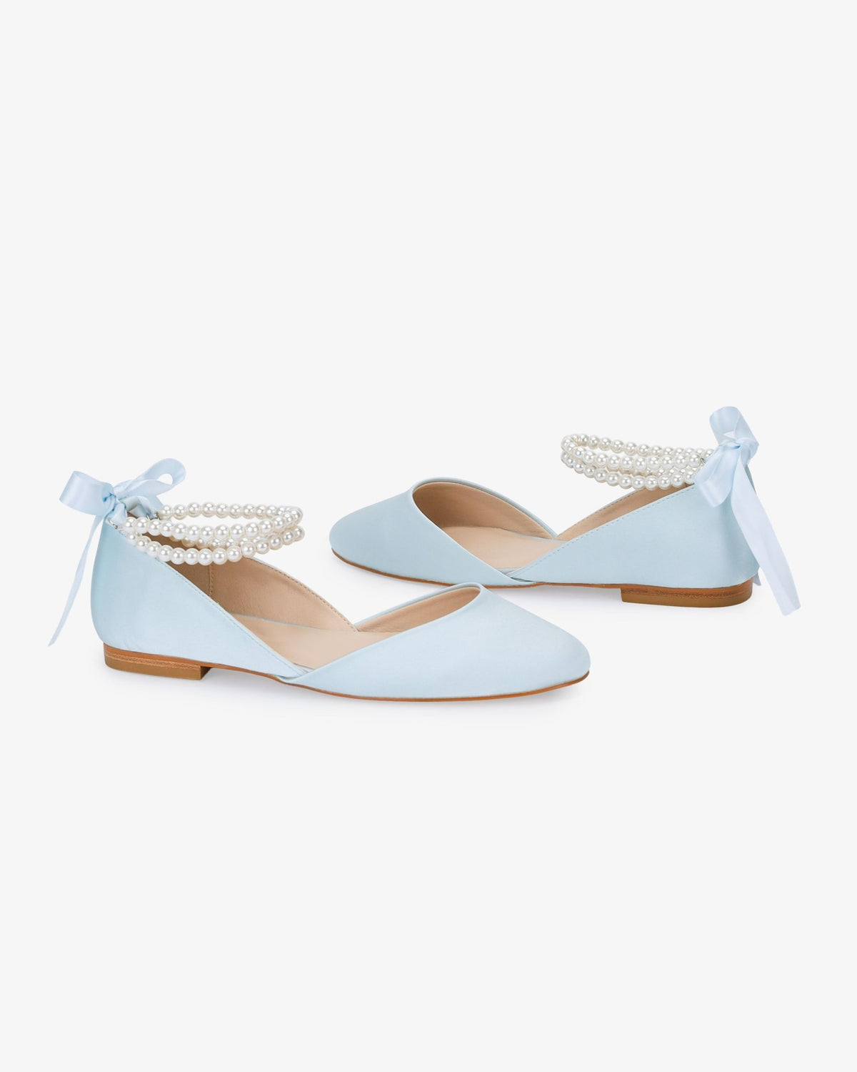 Satin Round Toe Wedding Flat with Double Pearls Ankle Strap - Luzilly Bridal & Apparel