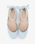 Satin Round Toe Wedding Flat with Double Pearls Ankle Strap - Luzilly Bridal & Apparel