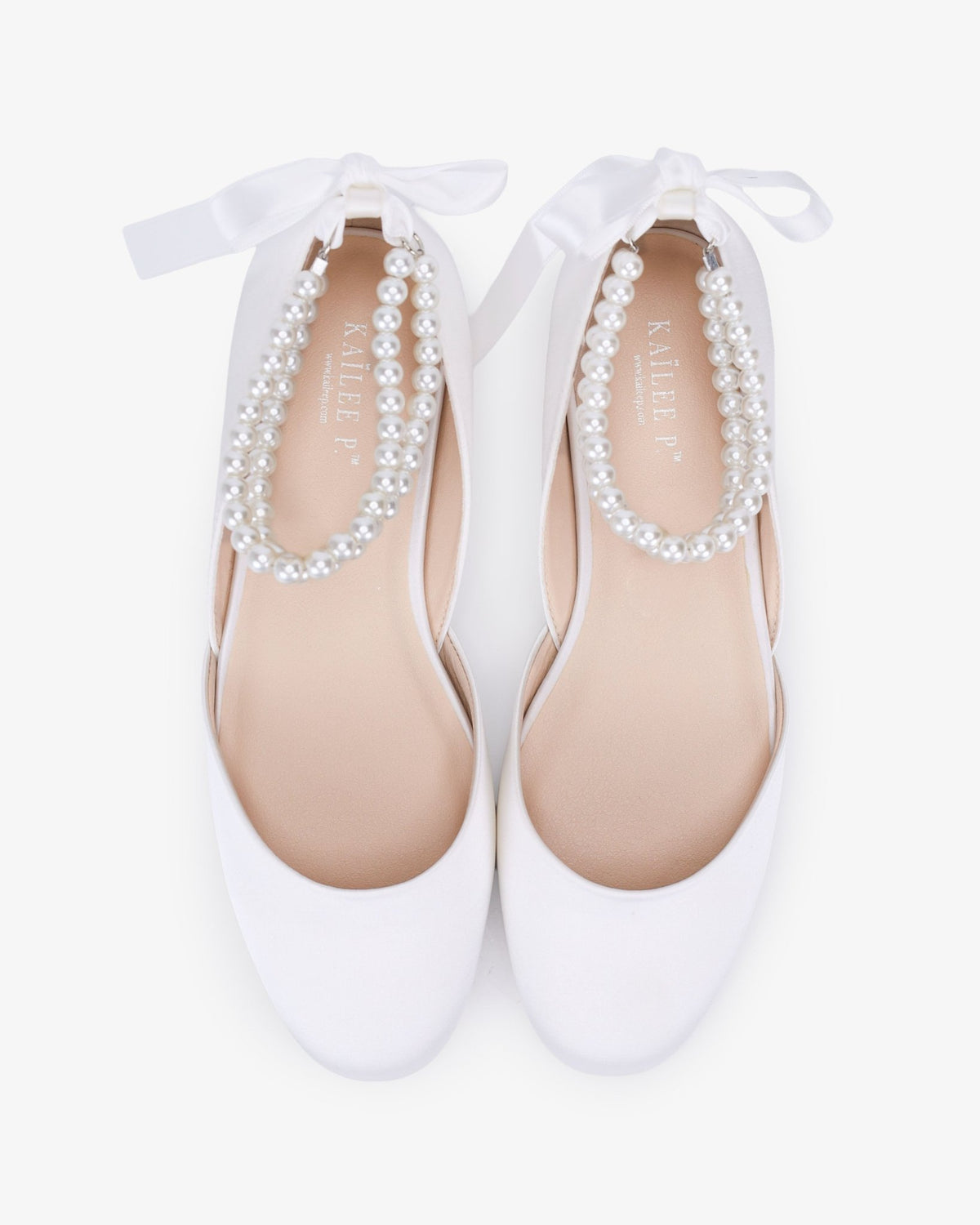 Satin Round Toe Wedding Flat with Double Pearls Ankle Strap - Luzilly Bridal & Apparel
