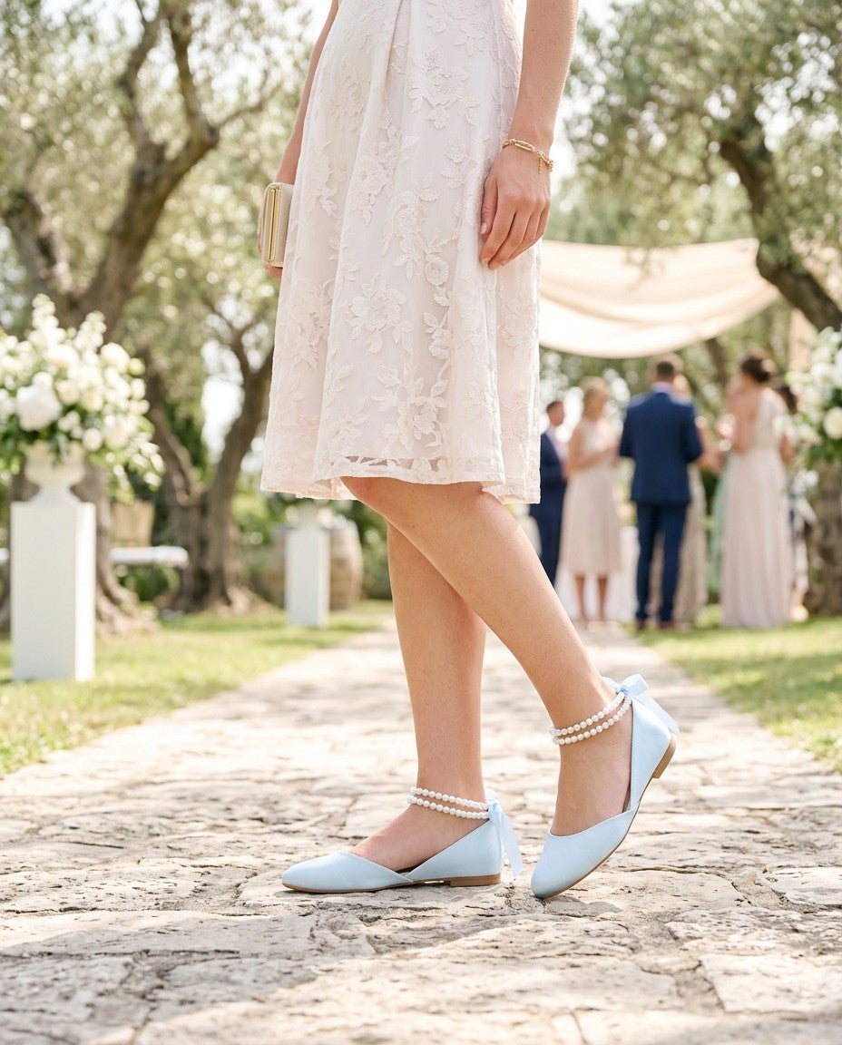 Satin Round Toe Wedding Flat with Double Pearls Ankle Strap - Luzilly Bridal & Apparel