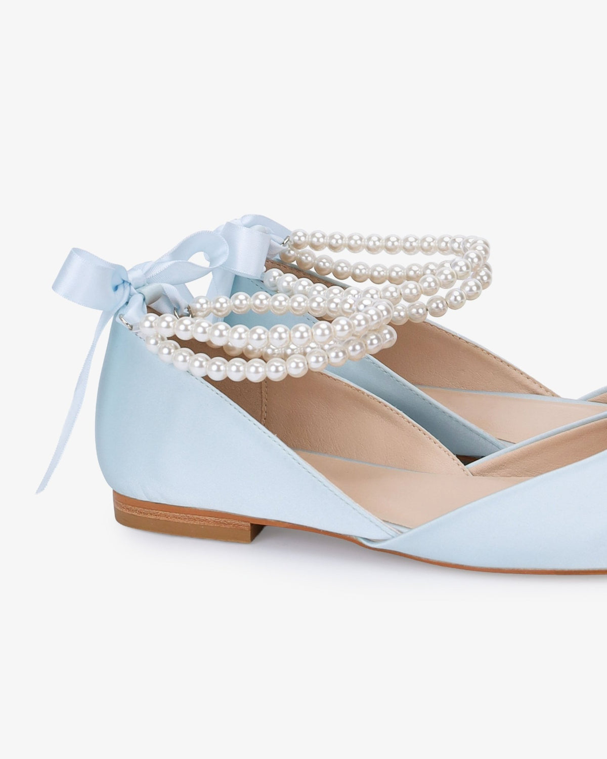Satin Round Toe Wedding Flat with Double Pearls Ankle Strap - Luzilly Bridal & Apparel