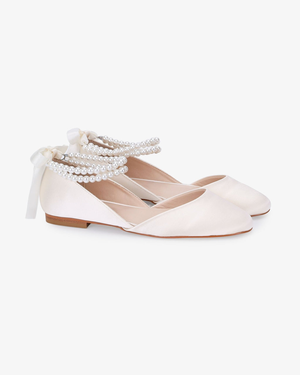 Satin Round Toe Wedding Flat with Double Pearls Ankle Strap - Luzilly Bridal & Apparel