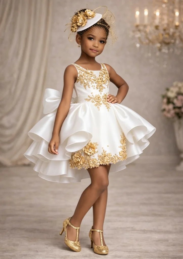 Satin Ruffled Flower Girl Ball Gown with Appliqué - Luzilly Bridal & Apparel