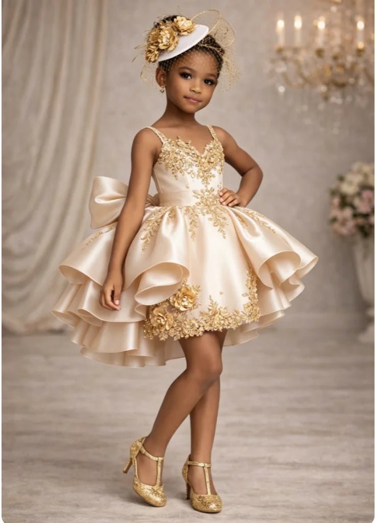 Satin Ruffled Flower Girl Ball Gown with Appliqué - Luzilly Bridal & Apparel