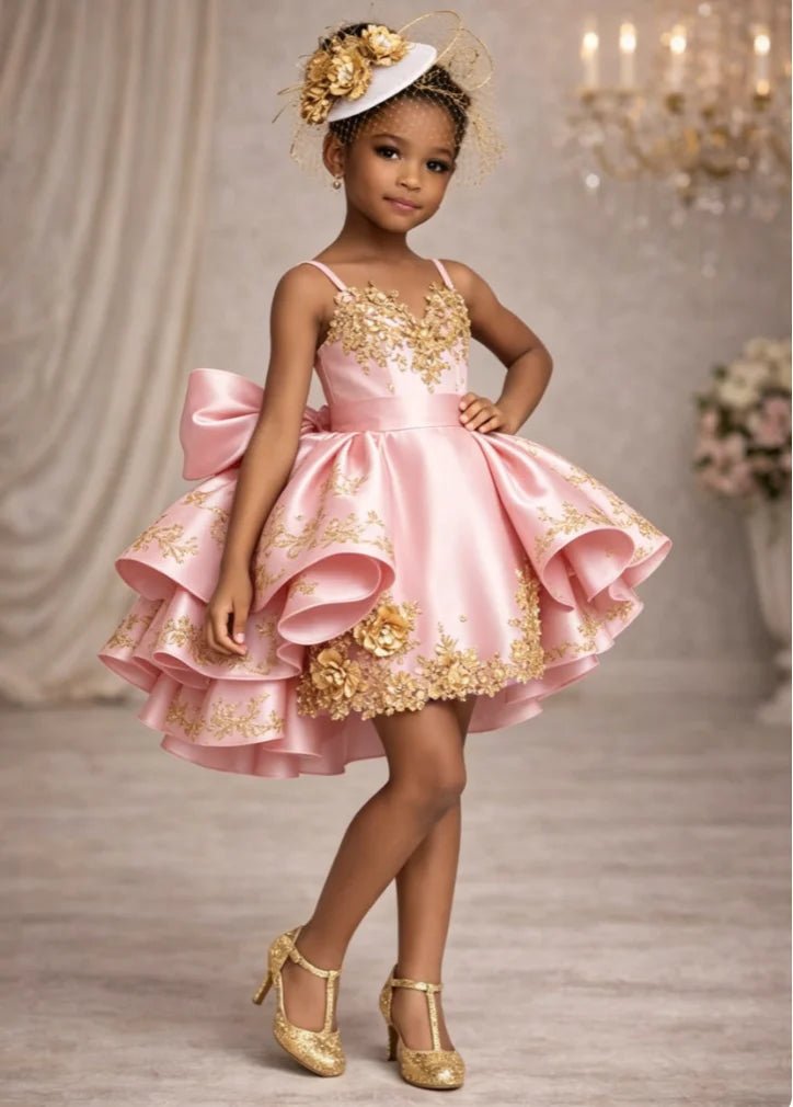 Satin Ruffled Flower Girl Ball Gown with Appliqué - Luzilly Bridal & Apparel