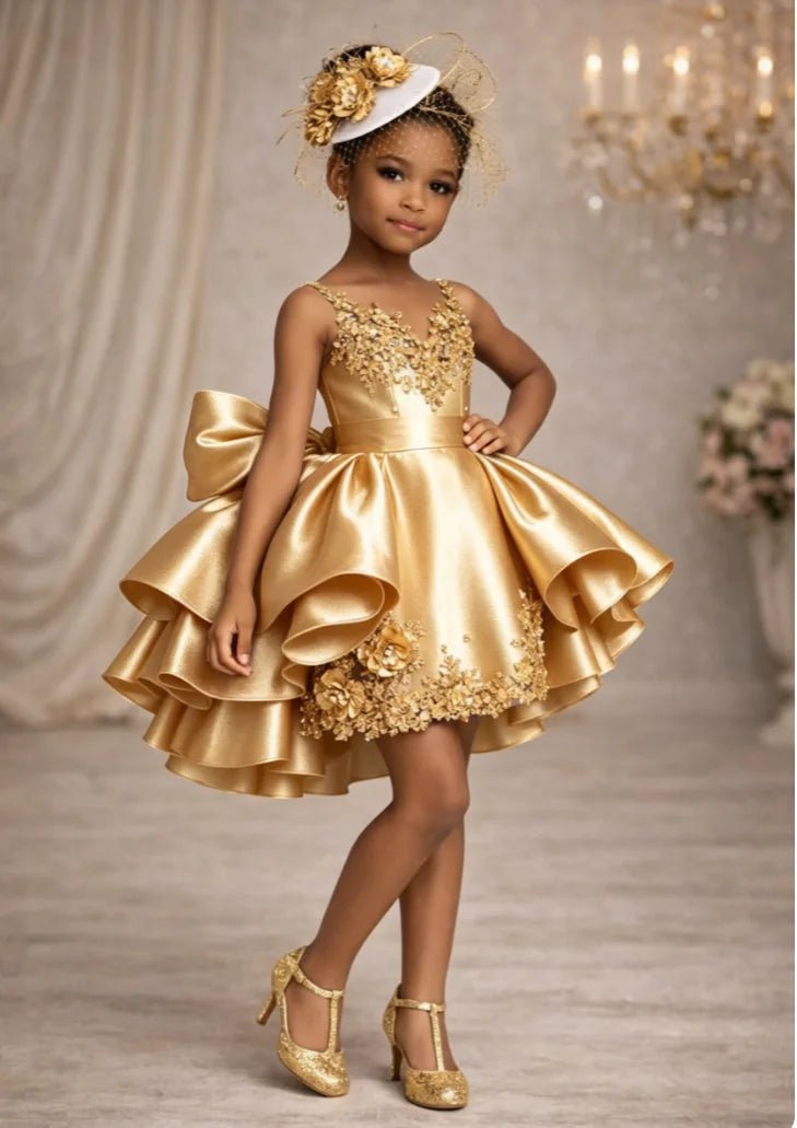 Satin Ruffled Flower Girl Ball Gown with Appliqué - Luzilly Bridal & Apparel