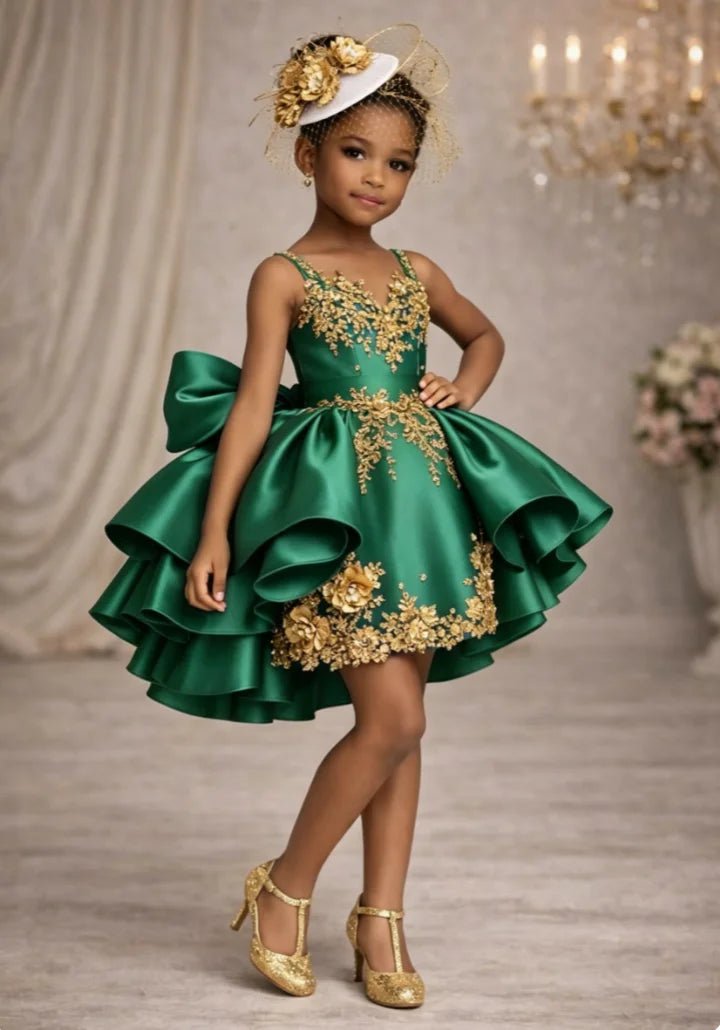 Satin Ruffled Flower Girl Ball Gown with Appliqué - Luzilly Bridal & Apparel