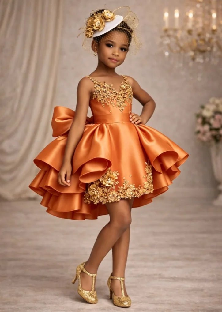 Satin Ruffled Flower Girl Ball Gown with Appliqué - Luzilly Bridal & Apparel