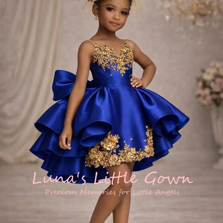 Satin Ruffled Flower Girl Ball Gown with Appliqué - Luzilly Bridal & Apparel