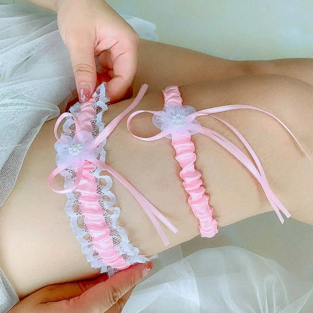 Satin Sash Flower and Pearl Bridal Garter Set - Luzilly Bridal & Apparel