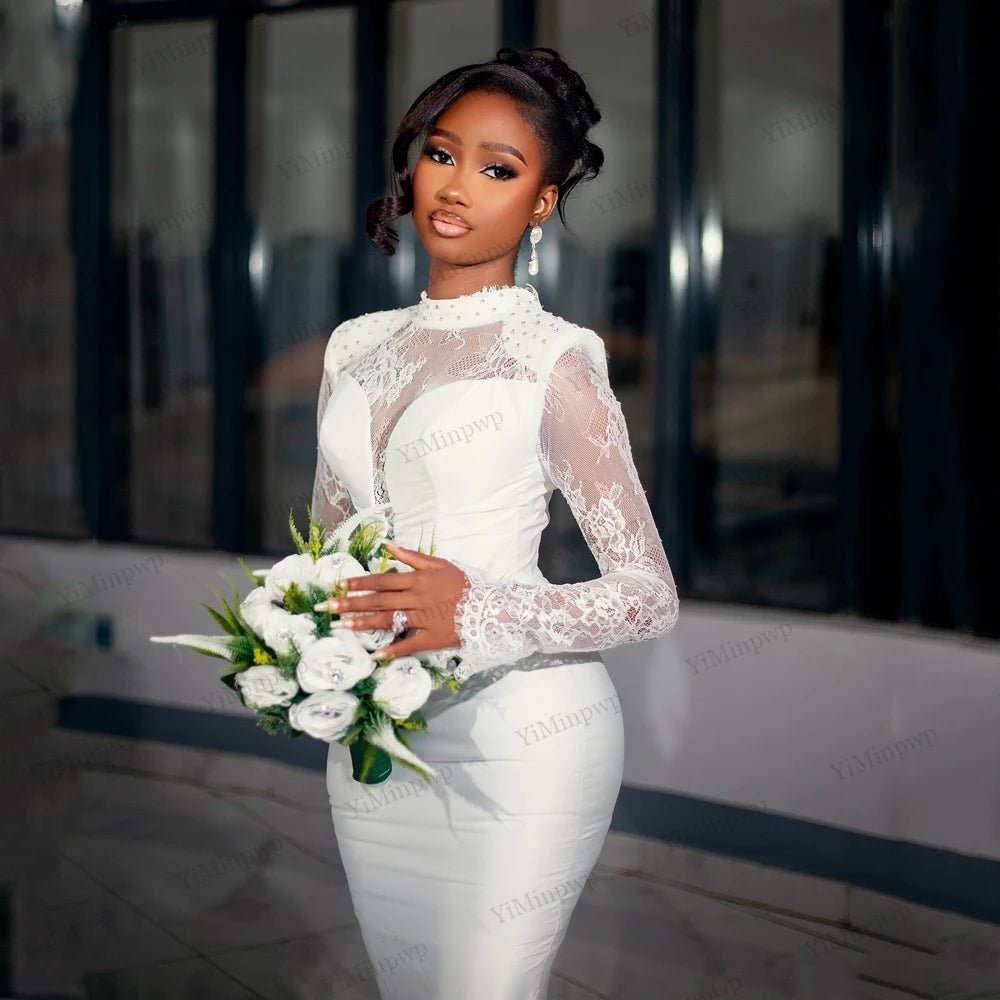 Satin Tea-Length Wedding Dress with Lace & Pearls - Luzilly Bridal & Apparel
