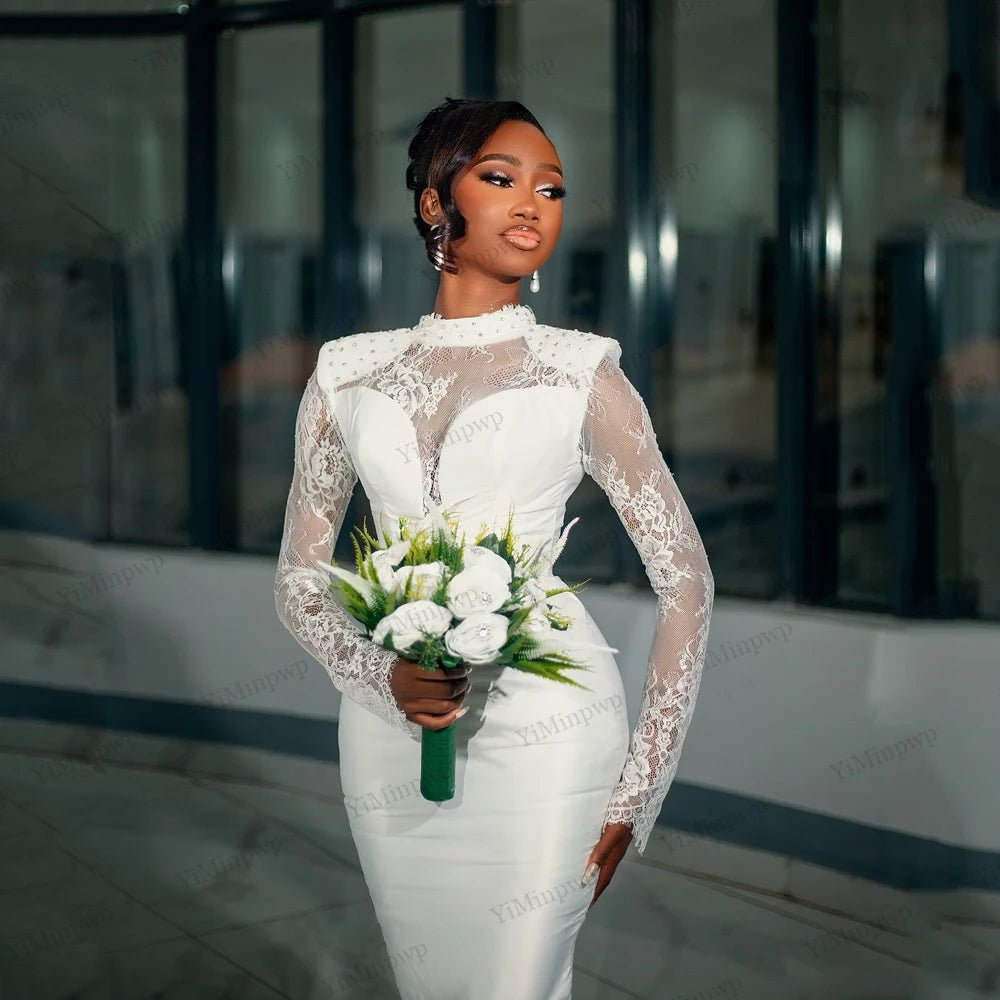 Satin Tea-Length Wedding Dress with Lace & Pearls - Luzilly Bridal & Apparel